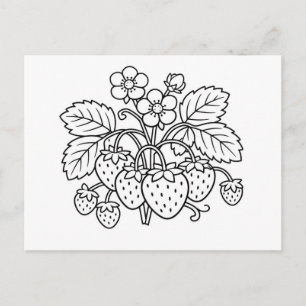 Postal Arte botánico de planta de fresa en blanco y negro