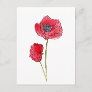 Postal Arte botánico en acuarela de flor de amapola roja