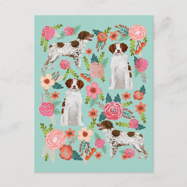 Postal Arte Brittany Spaniel Dog Vintage Florals (Anverso)