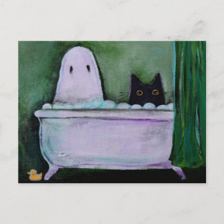 Postal Arte caprichoso de fantasma y gato en bañera diver