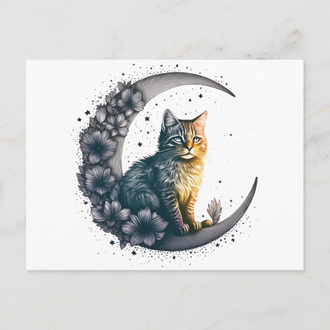 Postal Arte caprichoso de gato bajo la luz de la luna (Anverso)