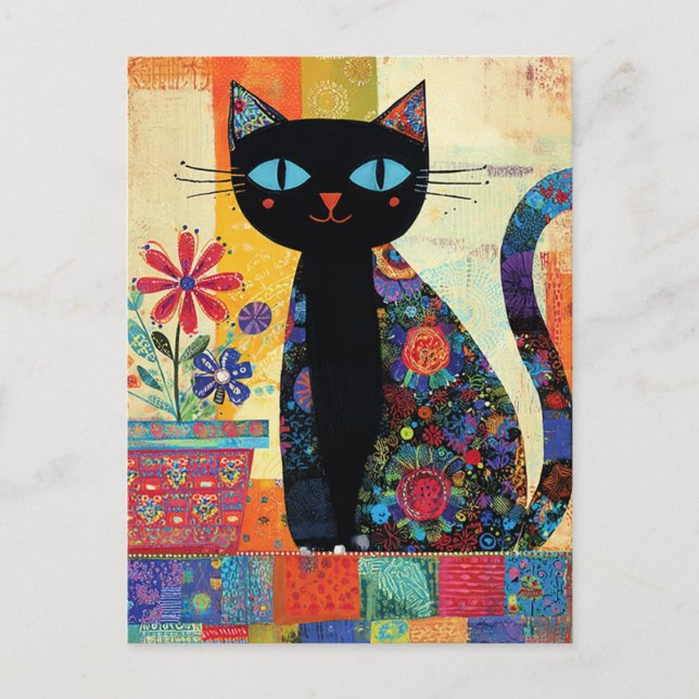 Postal Arte caprichoso de gato negro (Anverso)