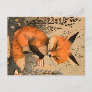 Postal Arte chino vintage lindo zorro con ceremonia de té