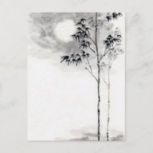 Postal Arte clásico japonés sumi-e pintura bambú luna