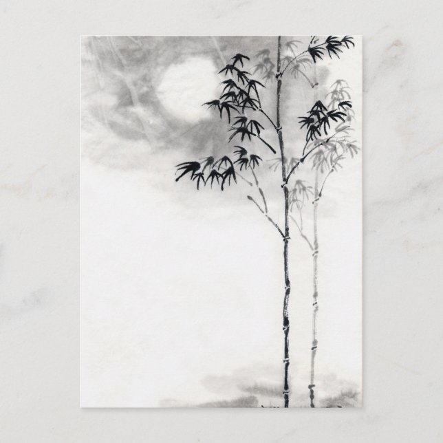 Postal Arte clásico japonés sumi-e pintura bambú luna (Anverso)