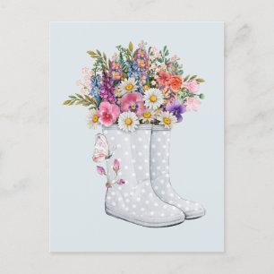 Postal Arte con botas de goma con ramo de flores