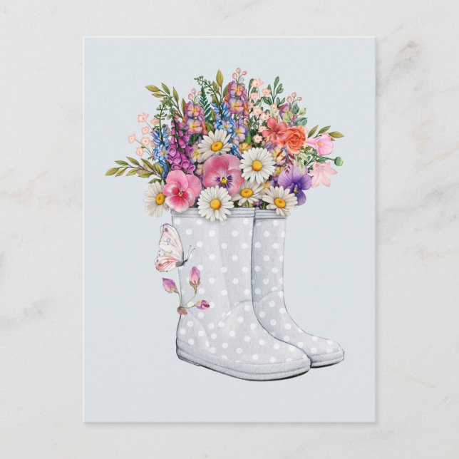 Postal Arte con botas de goma con ramo de flores (Anverso)