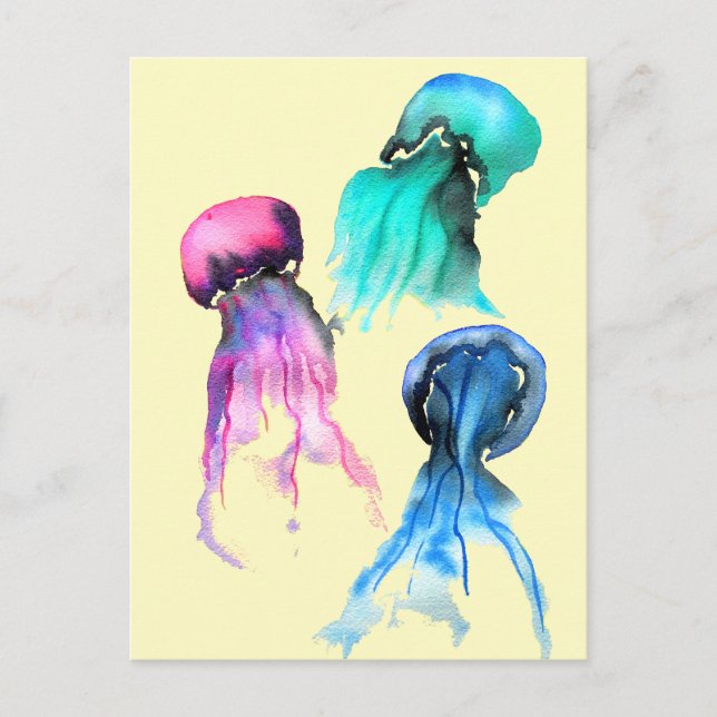 Postal Arte cutáneo de medusas trio acuarela (Anverso)
