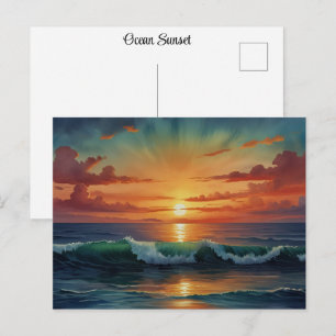 Postal Arte de acuarela colorido de olas del océano al at