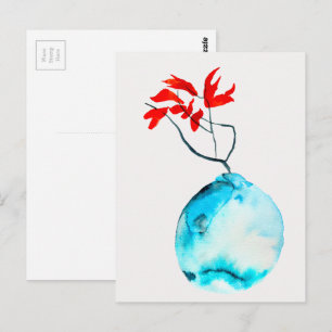 Postal Arte de acuarela con jarrón azul de Ikebana