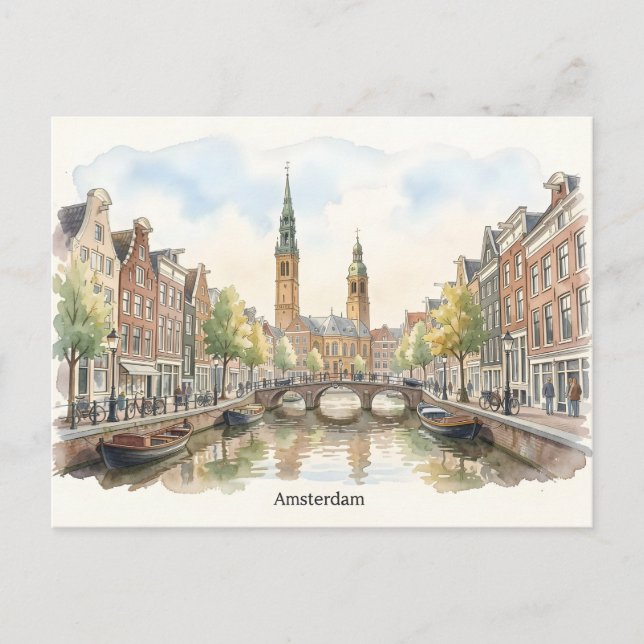 Postal arte de acuarela de Ámsterdam (Anverso)
