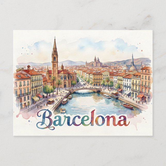 Postal arte de acuarela de Barcelona (Anverso)