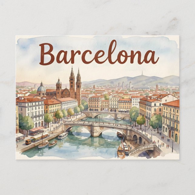 Postal arte de acuarela de Barcelona (Anverso)