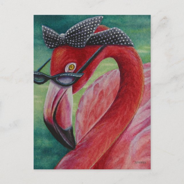 Postal Arte de Acuarela de Flamenco Rosa Retro Glamuroso (Anverso)