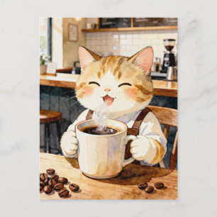 Postal Arte de Acuarela de Gata Barista Acogedora