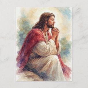 Postal Arte de Acuarela de Jesús Orando   Fe Cristiana