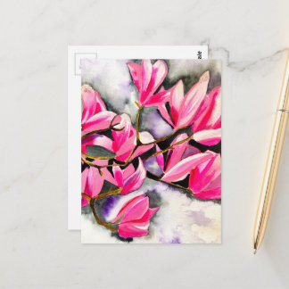 Postal arte de acuarela de magnolia rosa