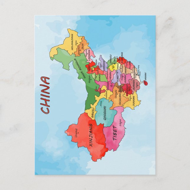 Postal Arte de acuarela de Mapa de China (Anverso)