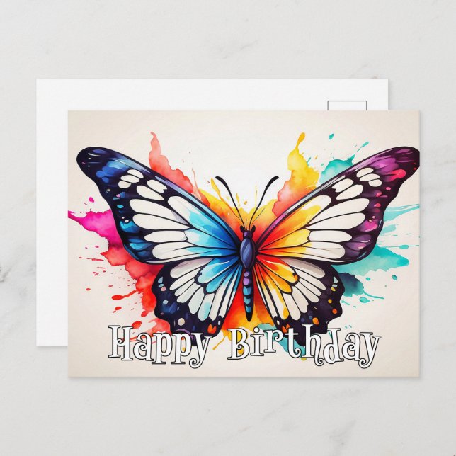 Postal Arte de Acuarela de Mariposa Colorida de Cumpleaño (Anverso / Reverso)