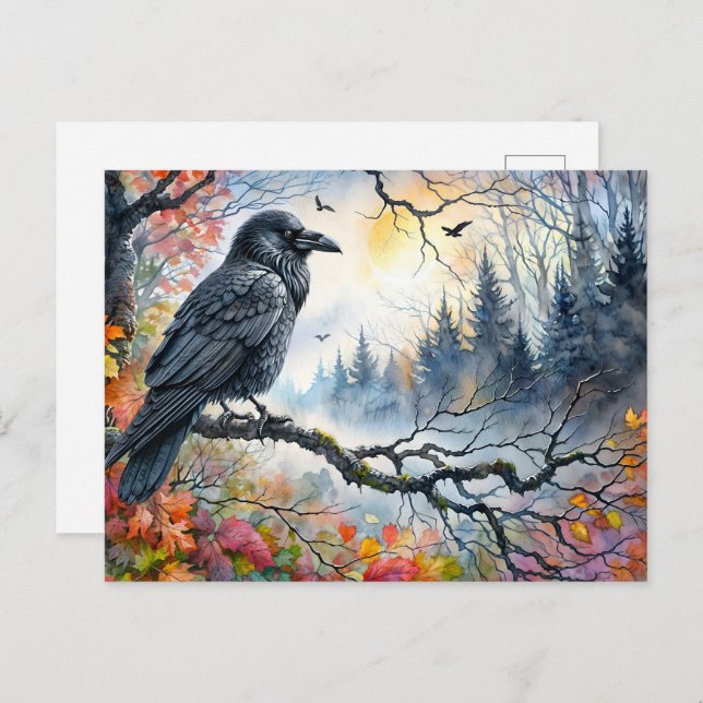 Postal Arte de acuarela de otoño en Raven (Anverso / Reverso)