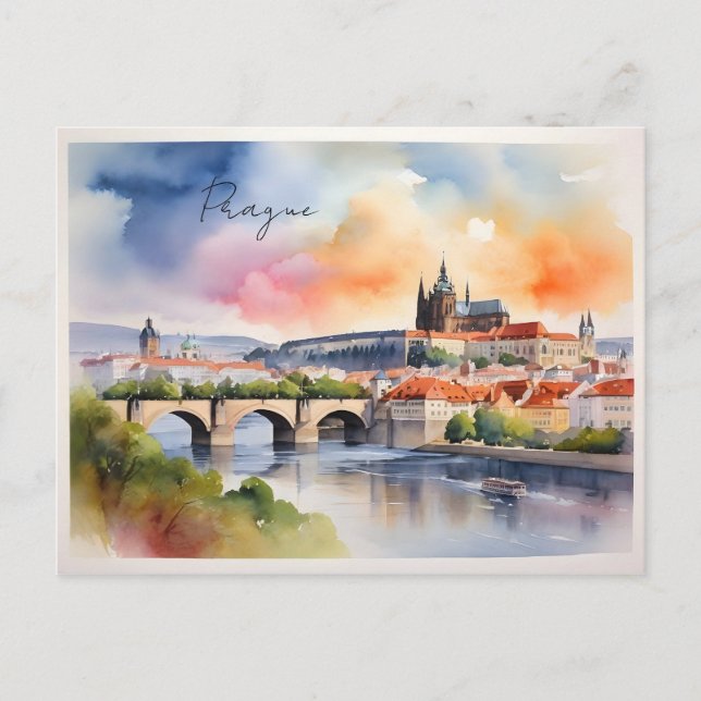 Postal arte de acuarela de Praga (Anverso)