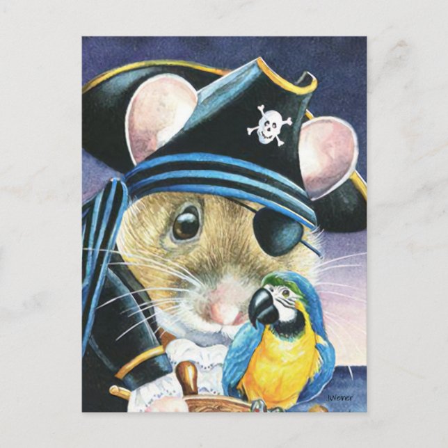 Postal Arte de Acuarela de Ratón Pirata con Disfraz de Ha (Anverso)