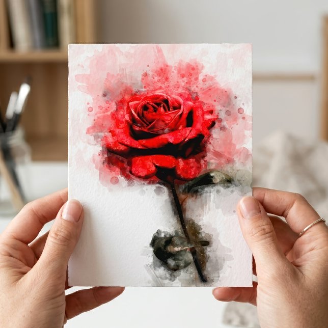 Postal Arte de Acuarela de Rosa Roja sobre Fondo Blanco (Red Rose Watercolor Art on White Background. Postcard)