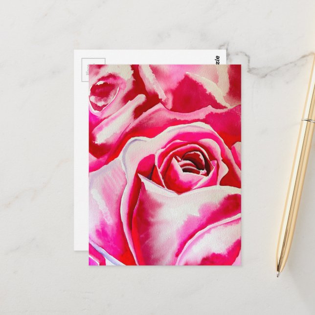Postal Arte de acuarela de rosas rosadas (Anverso/Reverso In Situ)