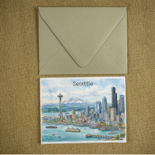 Postal Arte de acuarela de Seattle Washington Viajes Hori