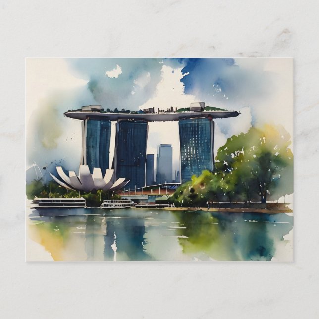 Postal arte de acuarela de Singapur (Anverso)