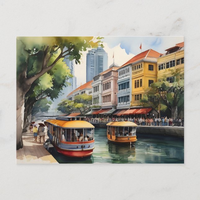 Postal arte de acuarela de Singapur (Anverso)