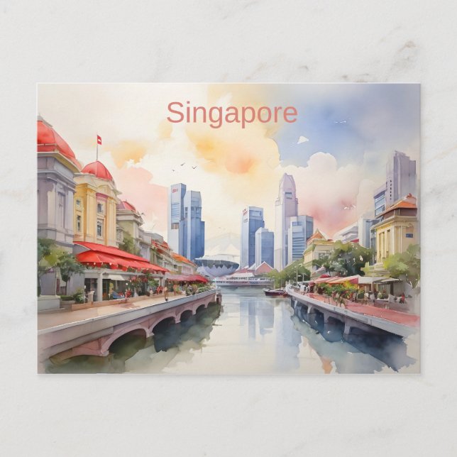 Postal arte de acuarela de Singapur (Anverso)
