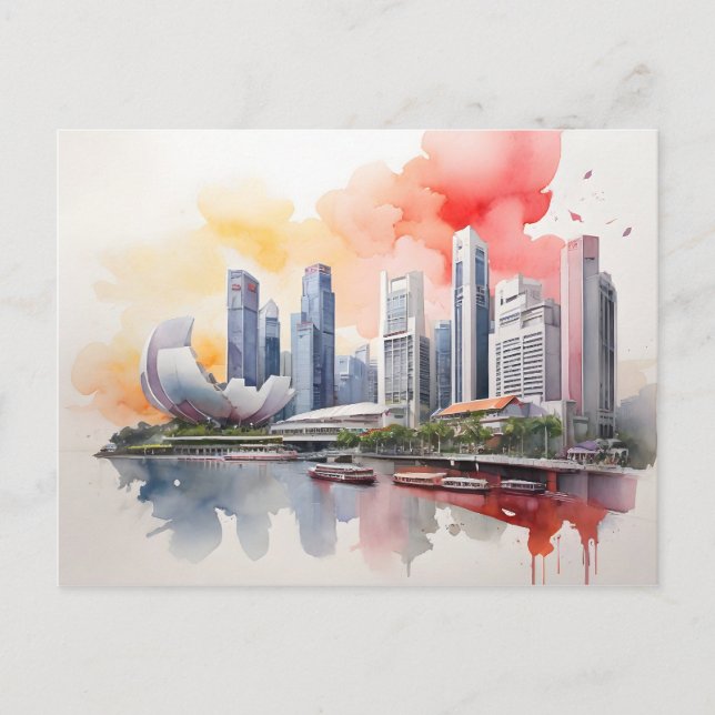 Postal arte de acuarela de Singapur (Anverso)