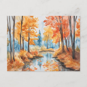 Postal Arte de Acuarela del Bosque de Otoño