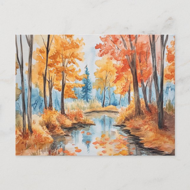 Postal Arte de Acuarela del Bosque de Otoño (Anverso)