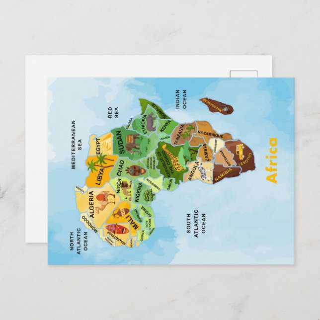 Postal Arte de acuarela en Africa Map (Anverso / Reverso)