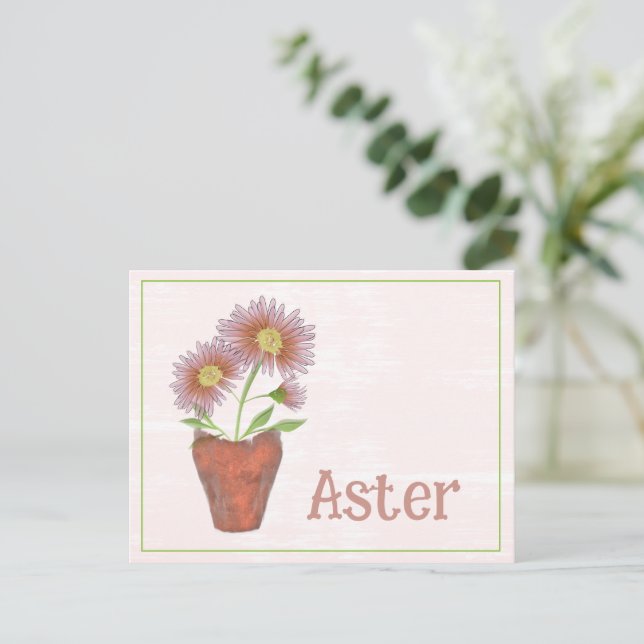 Postal Arte de acuarela Flor de Aster Cumpleaños de Septi (Anverso de pie)