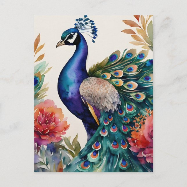 Postal Arte de acuarela floral de pavo real (Anverso)