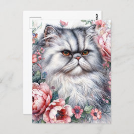 Postal Arte de acuarela rosa de gato persa