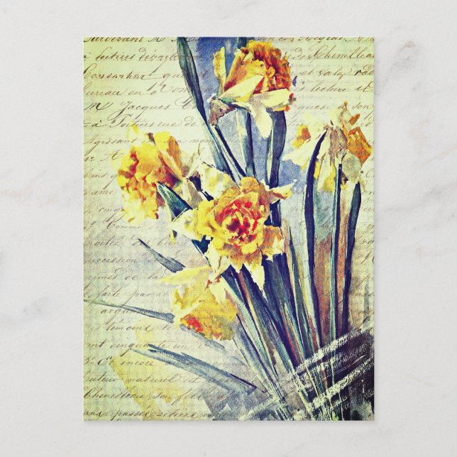 Postal Arte de acuarela vintage elegante narcisos amarill (Anverso)