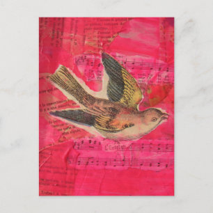 Postal Arte de ave en medios mixtos con fondo rosa intens