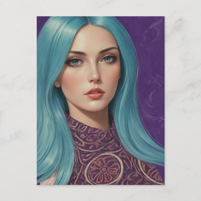 Postal Arte de Blue Hair AI de mi propio collage de medio (Anverso)
