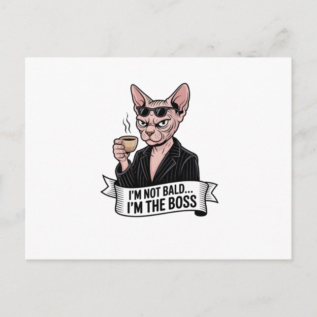 Postal Arte de café con gato Sphynx jefe (Anverso)