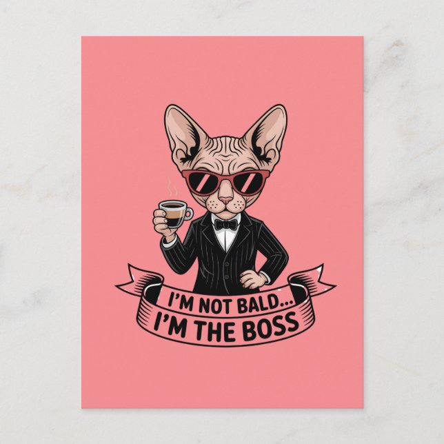 Postal Arte de café con gato Sphynx jefe genial (Anverso)
