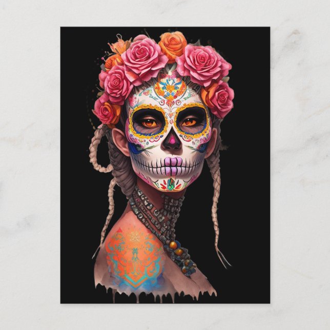 Postal Arte de calavera de azúcar - Chica con pelo trenza (Anverso)