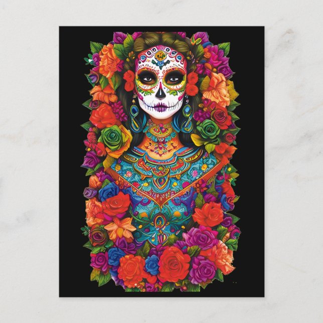 Postal Arte de calavera de azúcar - Mujer hermosa en flor (Anverso)