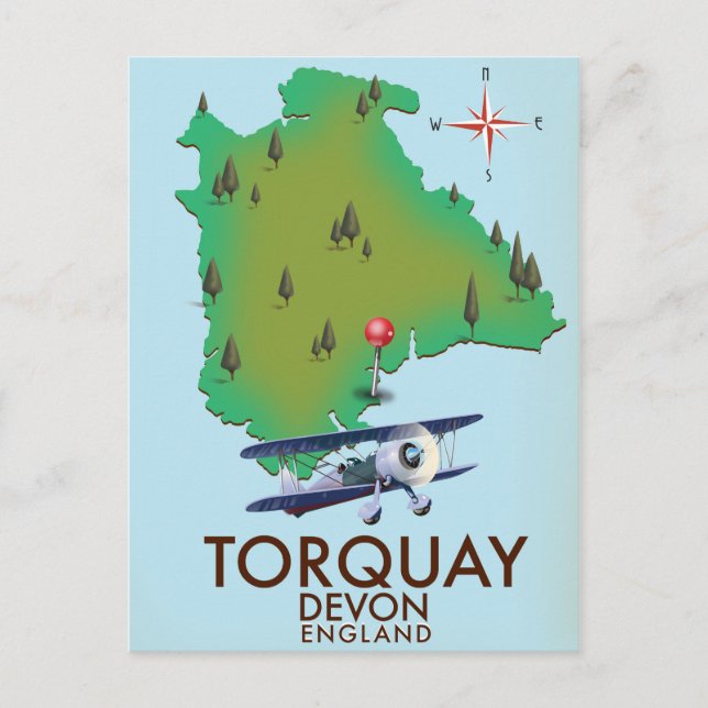 Postal Arte de cartel de mapa antiguo de Torquay Devon. (Anverso)