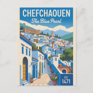 Postal Arte de cartel de viaje retro de Chefchaouen Marru