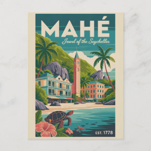 Postal Arte de cartel de viaje retro de Mahé Seychelles