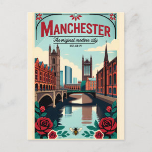 Postal Arte de cartel de viaje retro de Mánchester Inglat